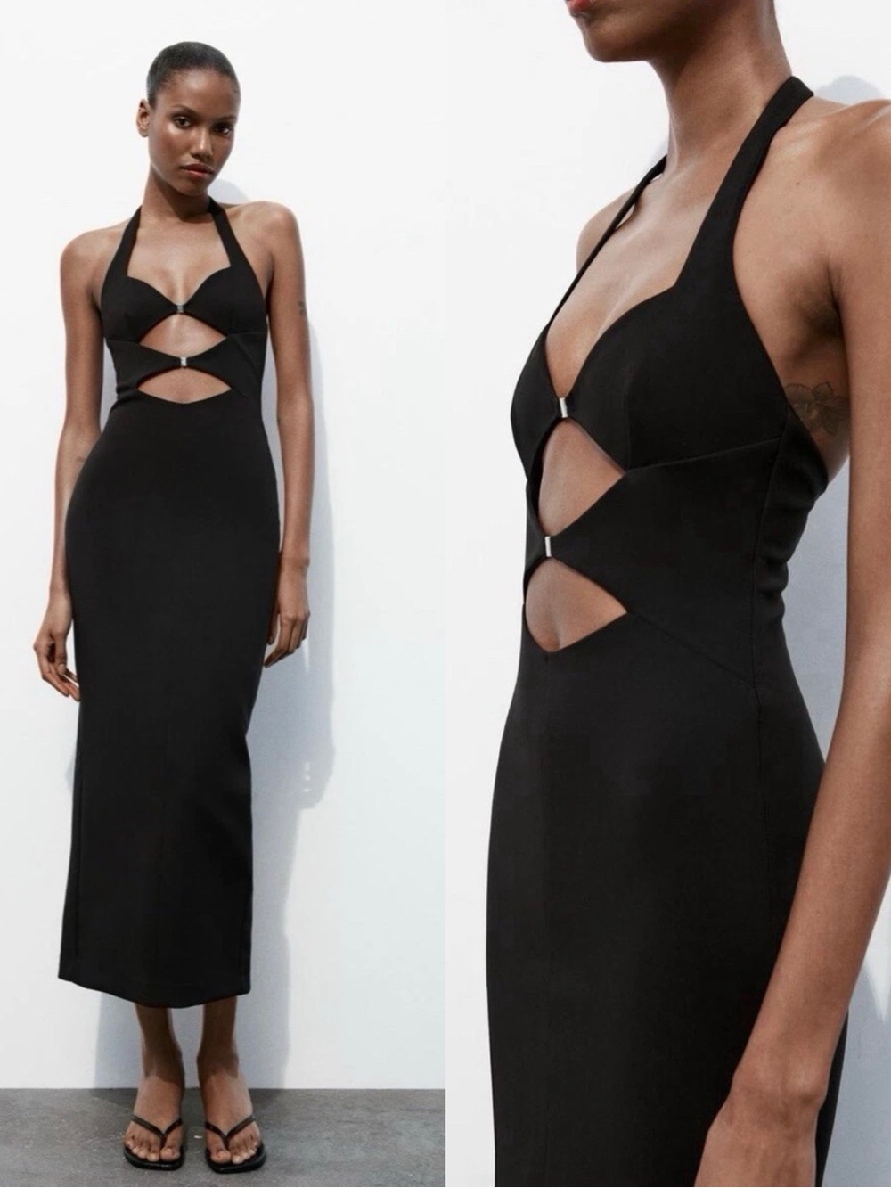 ZARA Blogger Fav Black Halter Cutout Midi Dress Size Medium